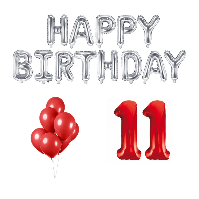11 jaar Verjaardag Versiering Ballon Pakket rood & zilver