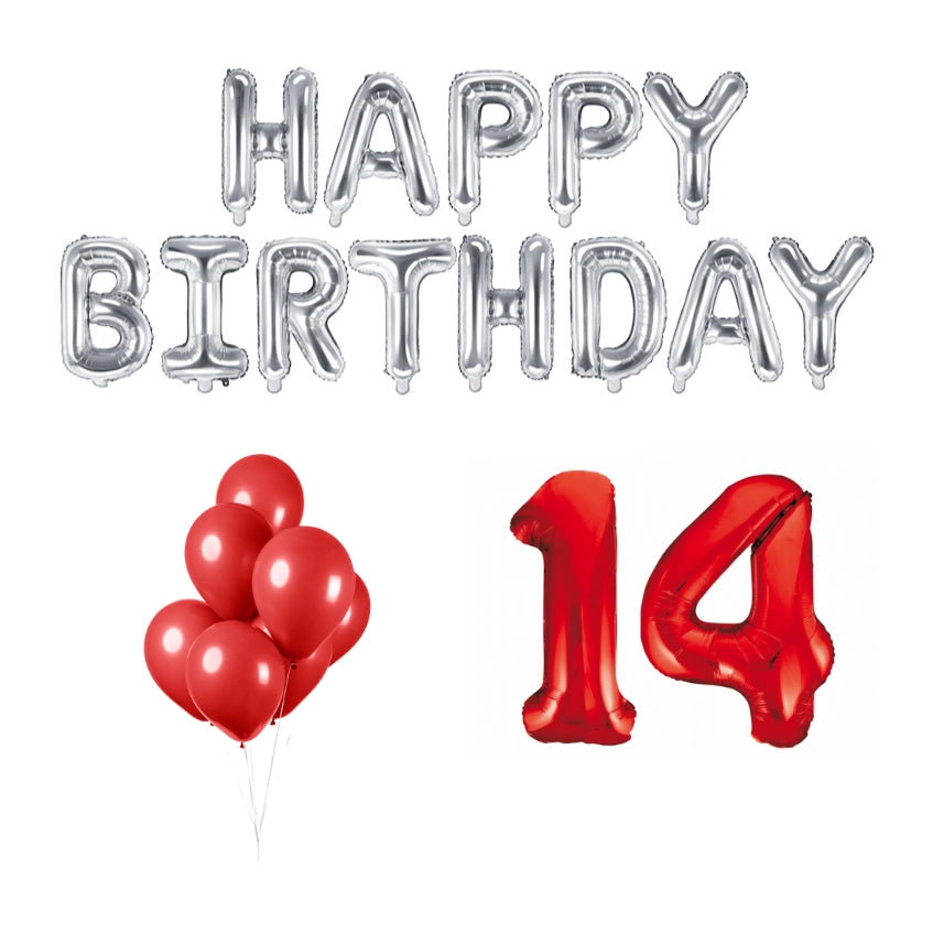 14 jaar Verjaardag Versiering Ballon Pakket rood & zilver