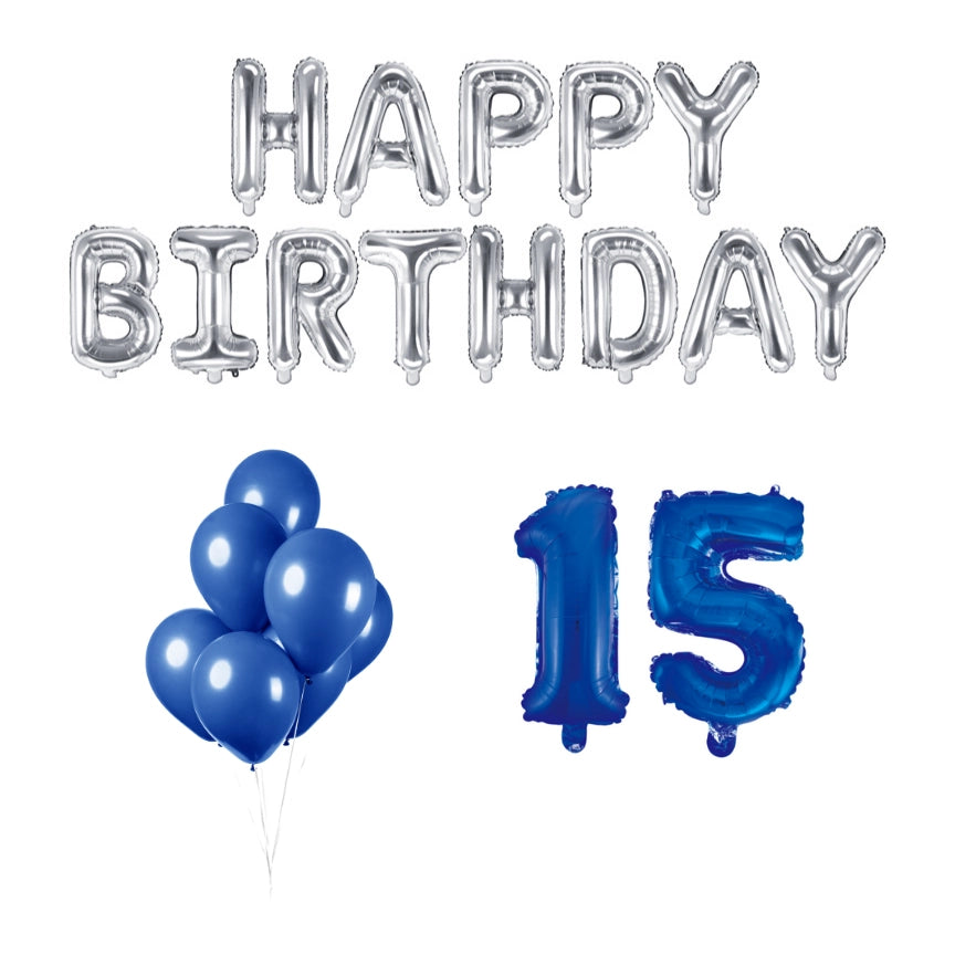 15 jaar Verjaardag Versiering Ballon Pakket Blauw & zilver