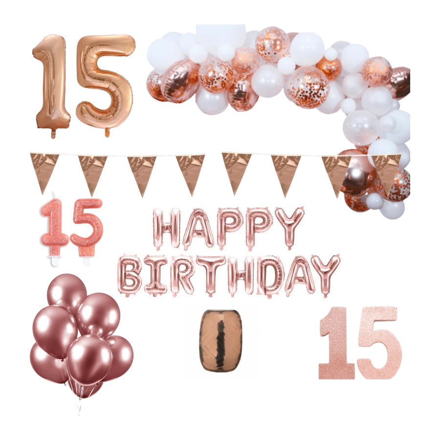 15 jaar Verjaardag Versiering Pakket Rosé goud XL