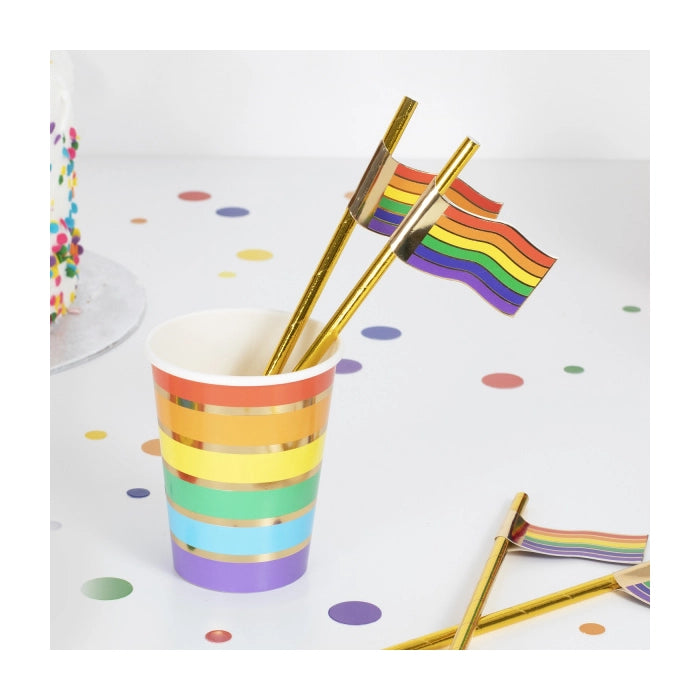 16 gouden papieren rietjes met regenboog vlag