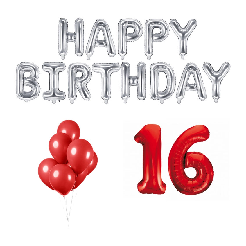 16 jaar Verjaardag Versiering Ballon Pakket rood & zilver