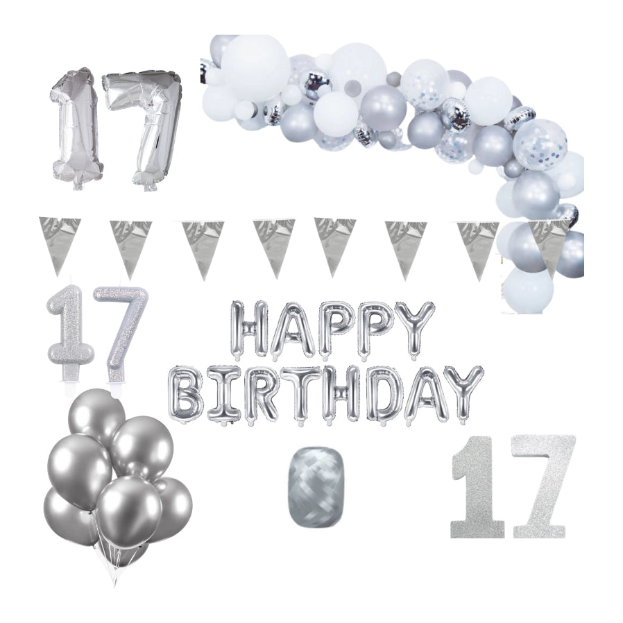 17 jaar Verjaardag Versiering Pakket Zilver XL