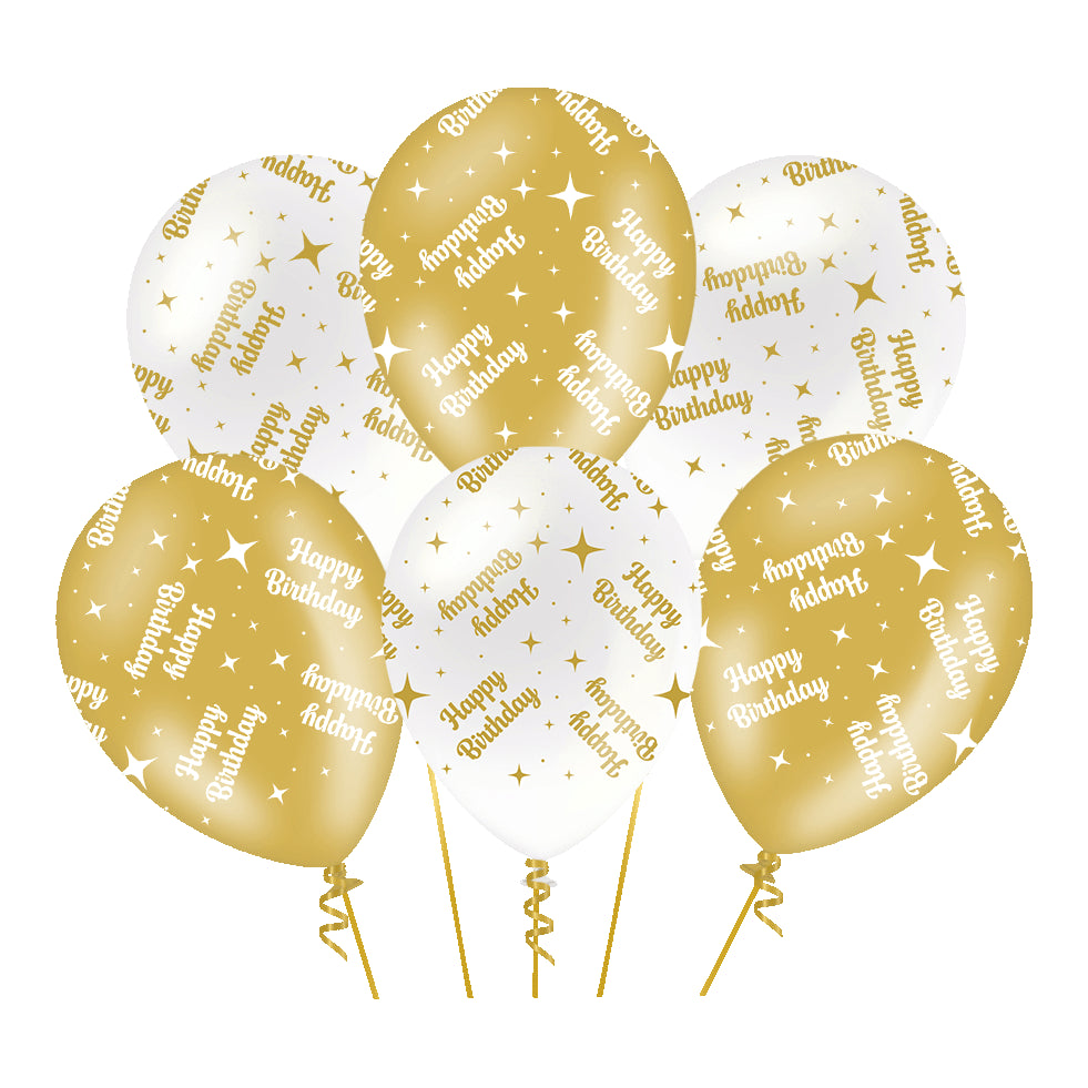 Happy Birthday Ballonnen – Wit/Goud – 30 cm – 6 stuks