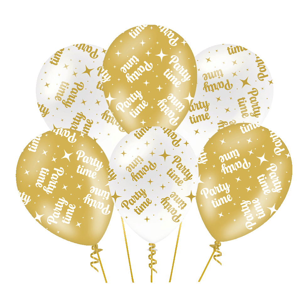 Party Time Ballonnen – Wit/Goud – 30 cm – 6 stuks