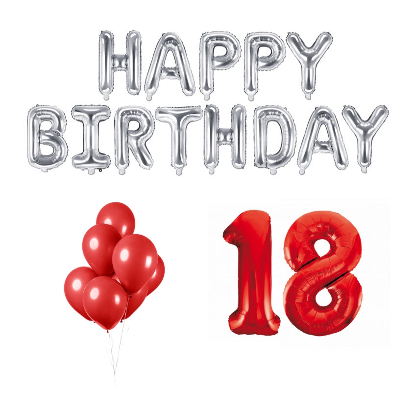 18 jaar Verjaardag Versiering Ballon Pakket rood & zilver