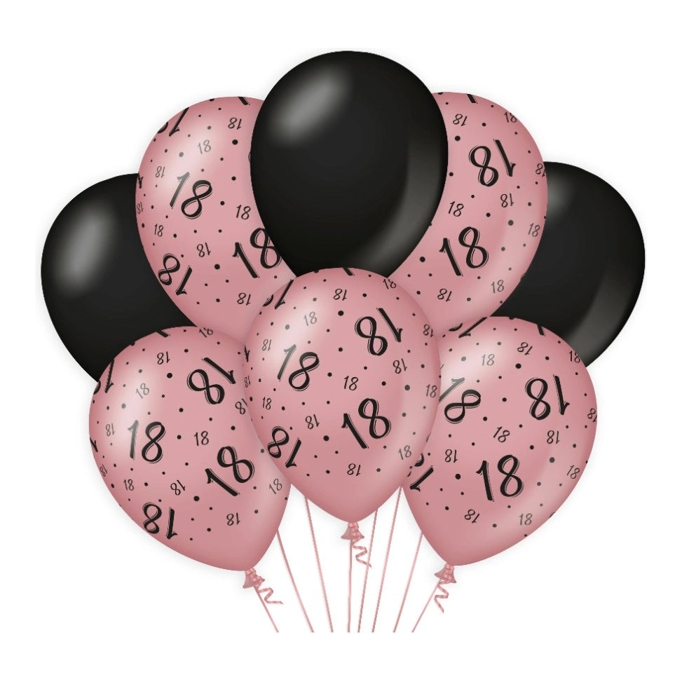 18 jaar versiering/ decoratie ballonnen rose goud en zwart, 8 stuks 30cm