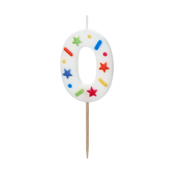 Verjaardagskaars Cijfer 0 – Wit met Confetti – 5,5 cm
