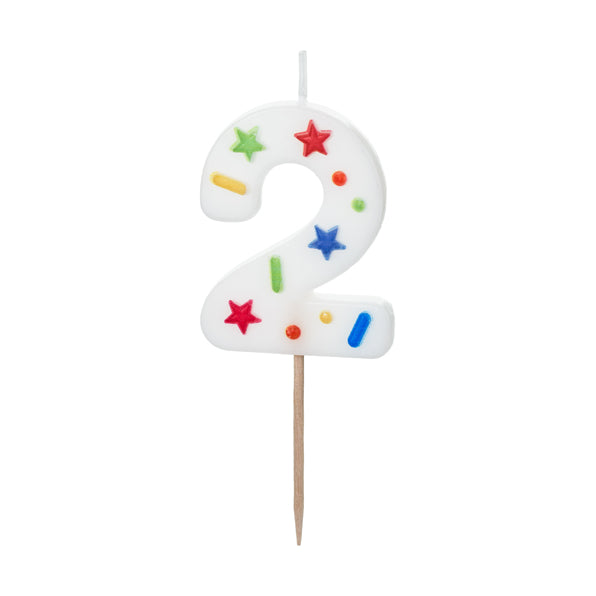 Verjaardagskaars Cijfer 2 – Wit met Confetti – 5,5 cm
