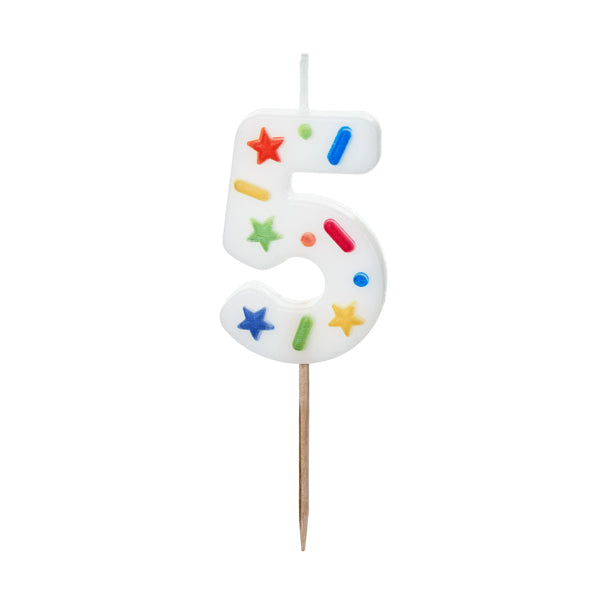 Verjaardagskaars Cijfer 5 – Wit met Confetti – 5,5 cm