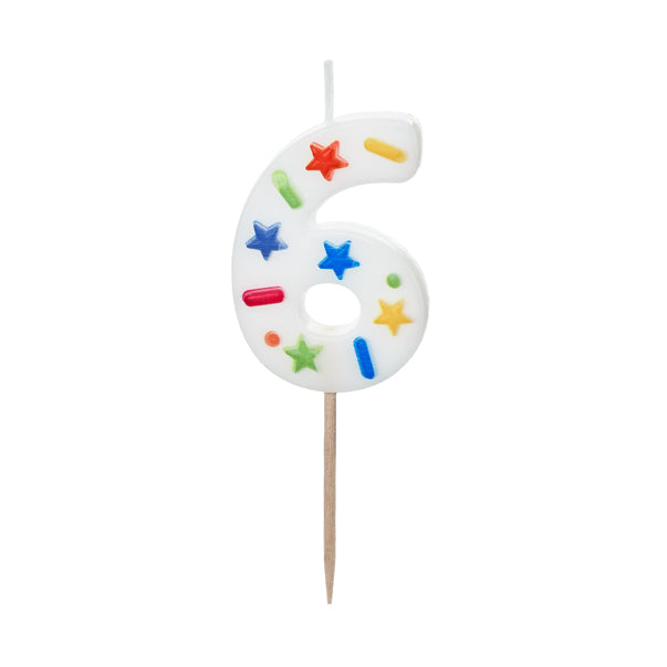 Verjaardagskaars Cijfer 6 – Wit met Confetti – 5,5 cm