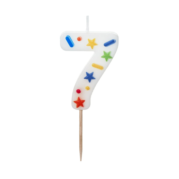Verjaardagskaars Cijfer 7 – Wit met Confetti – 5,5 cm