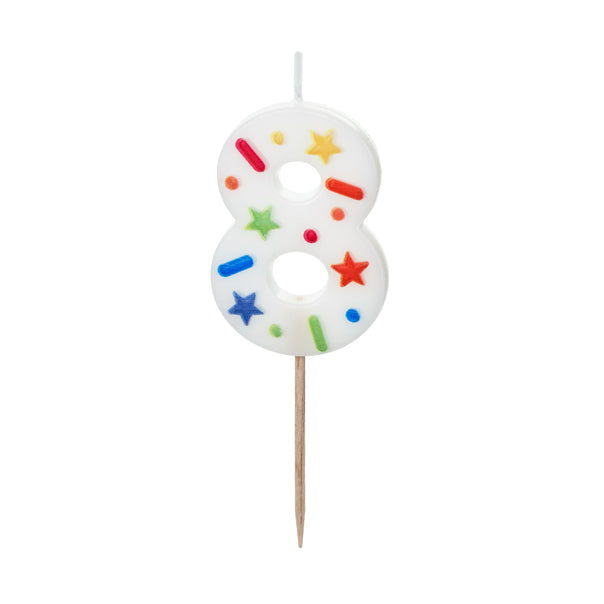 Verjaardagskaars Cijfer 8 – Wit met Confetti – 5,5 cm