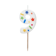 Verjaardagskaars Cijfer 9 – Wit met Confetti – 5,5 cm
