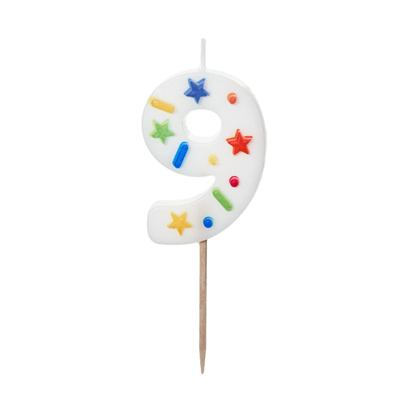 Verjaardagskaars Cijfer 9 – Wit met Confetti – 5,5 cm