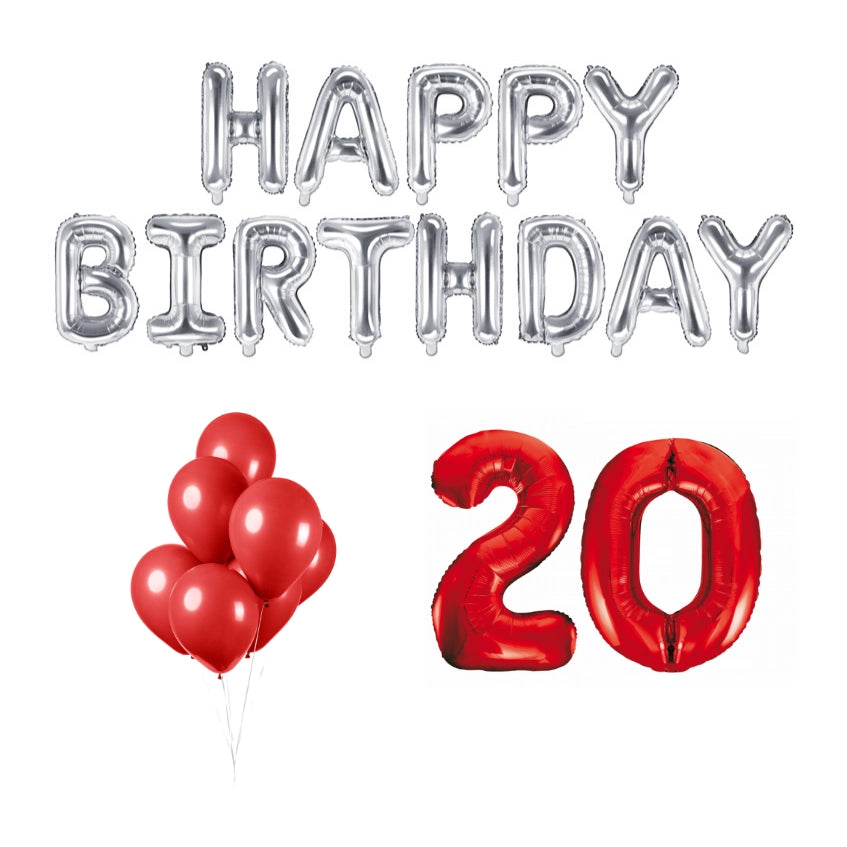 20 jaar Verjaardag Versiering Ballon Pakket rood & zilver