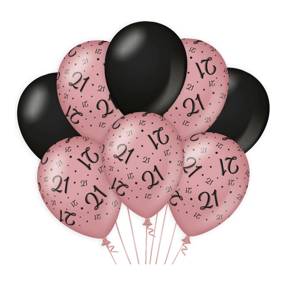 21 jaar versiering/ decoratie ballonnen rose goud en zwart, 8 stuks 30cm