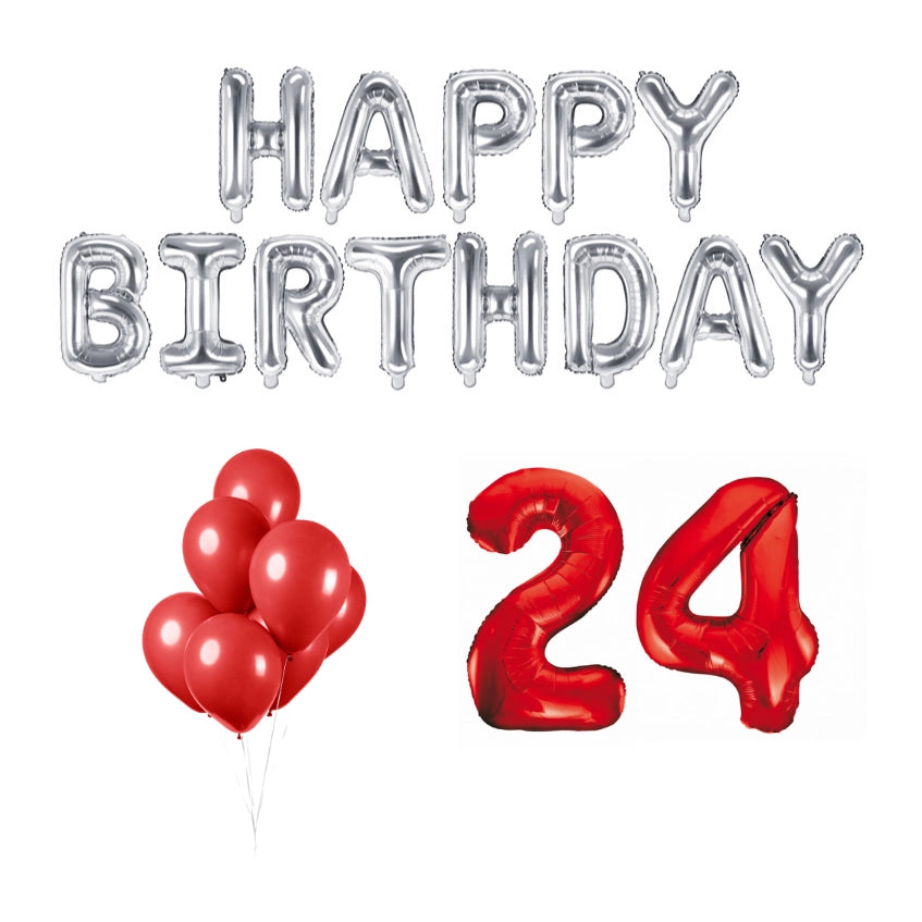 24 jaar Verjaardag Versiering Ballon Pakket rood & zilver