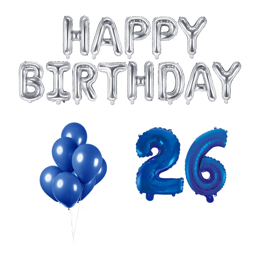 26 jaar Verjaardag Versiering Ballon Pakket Blauw & zilver