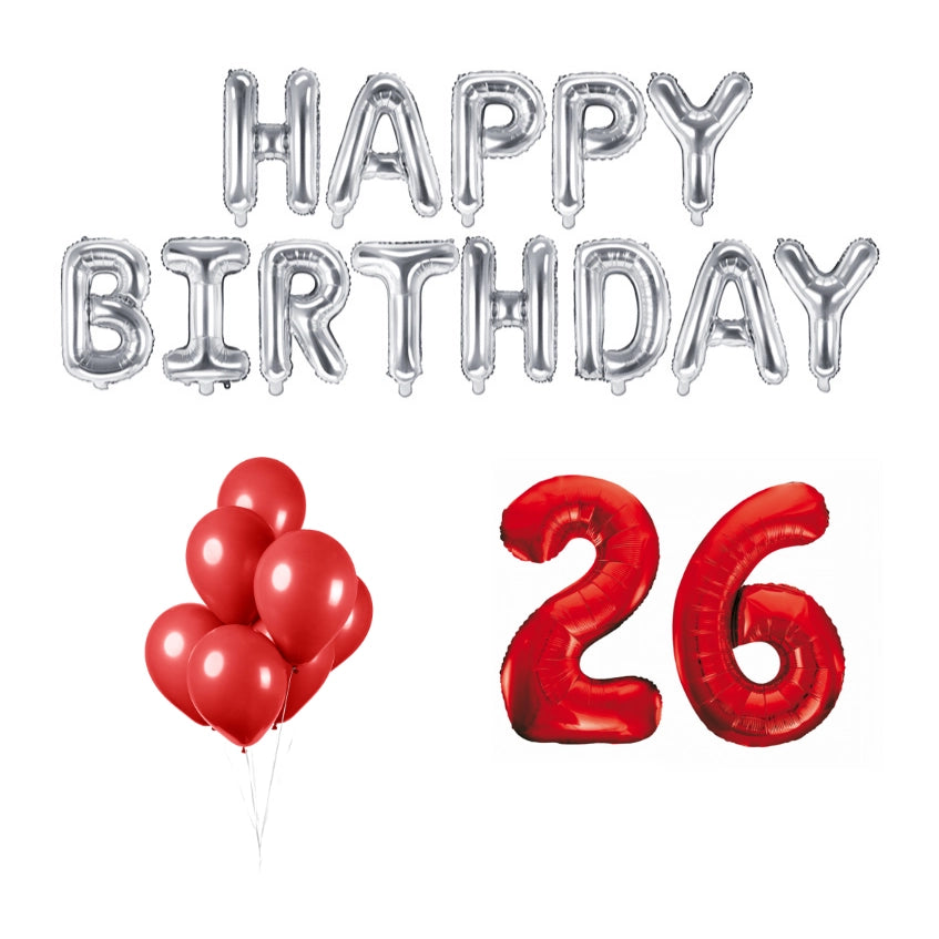 26 jaar Verjaardag Versiering Ballon Pakket rood & zilver