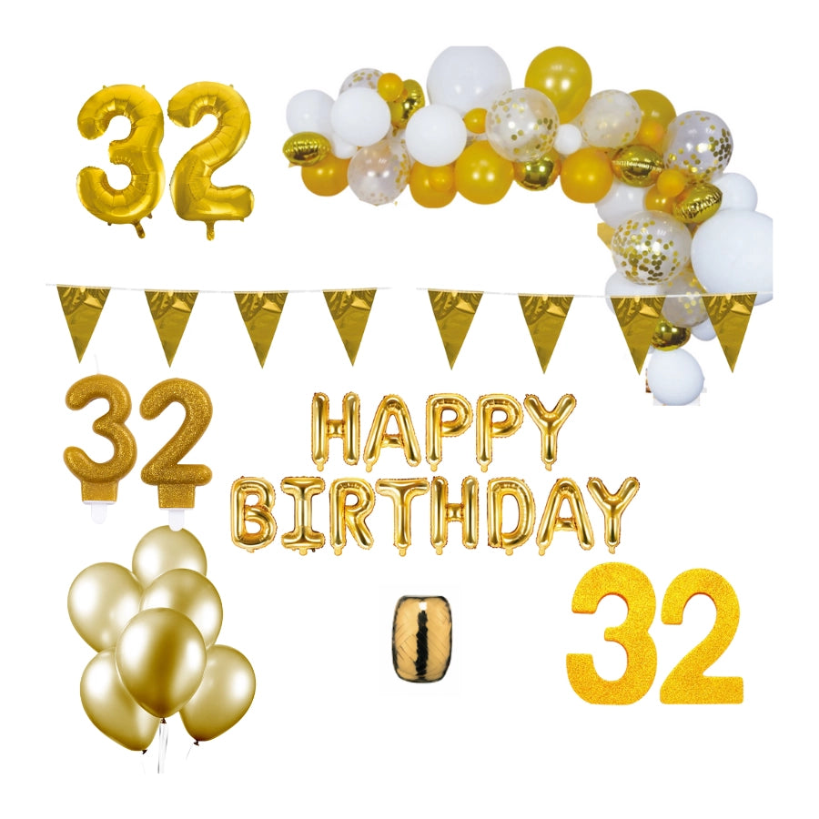 32 jaar Verjaardag Versiering Pakket Goud XL
