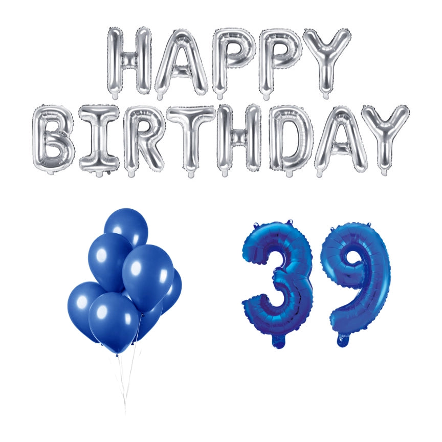 39 jaar Verjaardag Versiering Ballon Pakket Blauw & zilver