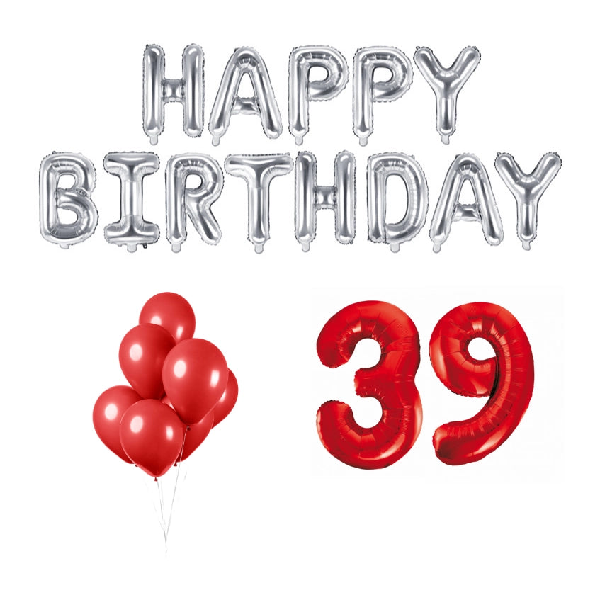 39 jaar Verjaardag Versiering Ballon Pakket rood & zilver