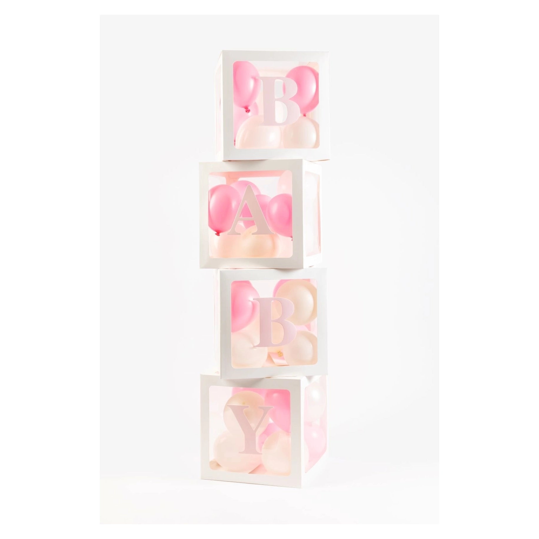 4 ballon decoratie boxen met letters om de teksten Baby of Love te maken