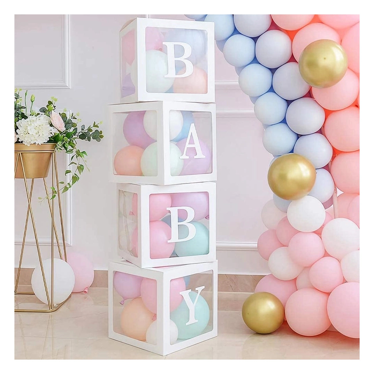 4 ballon decoratie boxen met letters om de teksten Baby of Love te maken