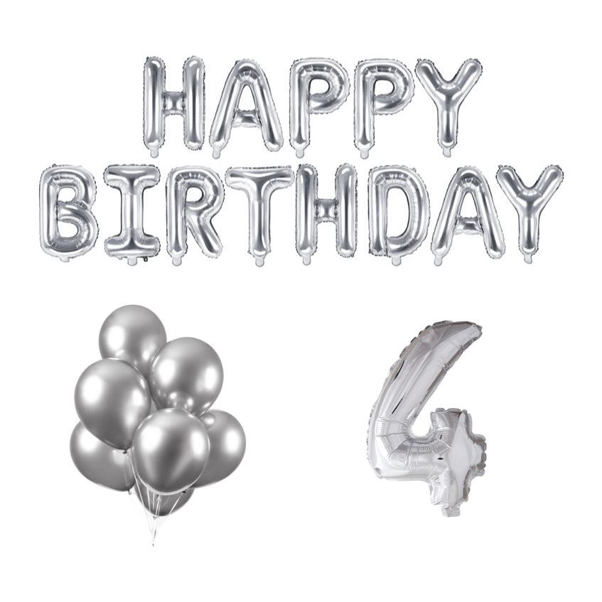 4 jaar Verjaardag Versiering Ballon Pakket zilver
