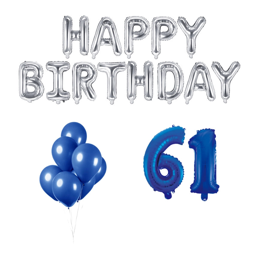 61 jaar Verjaardag Versiering Ballon Pakket Blauw & zilver