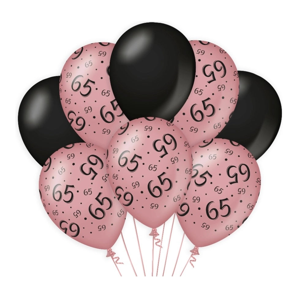 65 jaar versiering/ decoratie ballonnen rose goud en zwart, 8 stuks 30cm