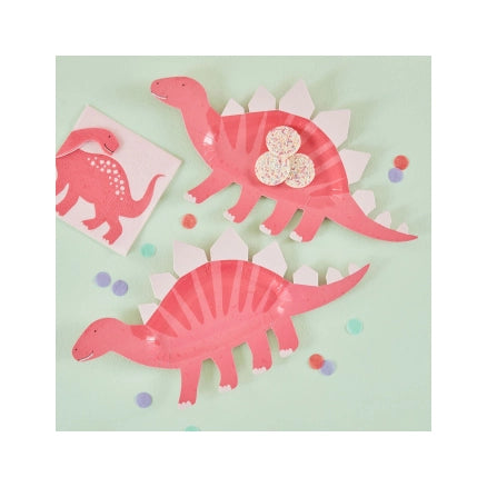 8 roze papieren dinosaurus borden 16x30cm
