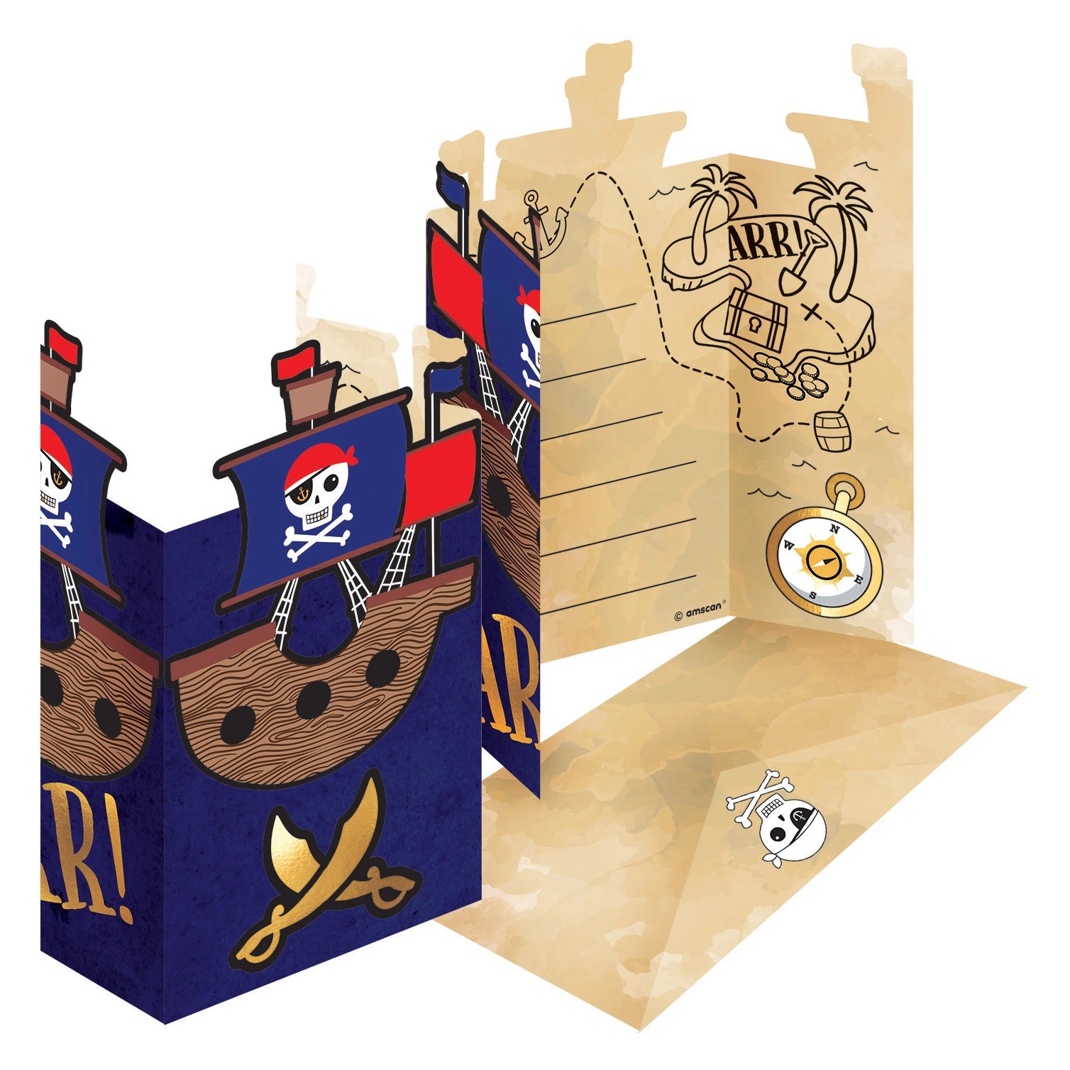 8 uitnodigingen en envelop Pirates Map piraten feestje