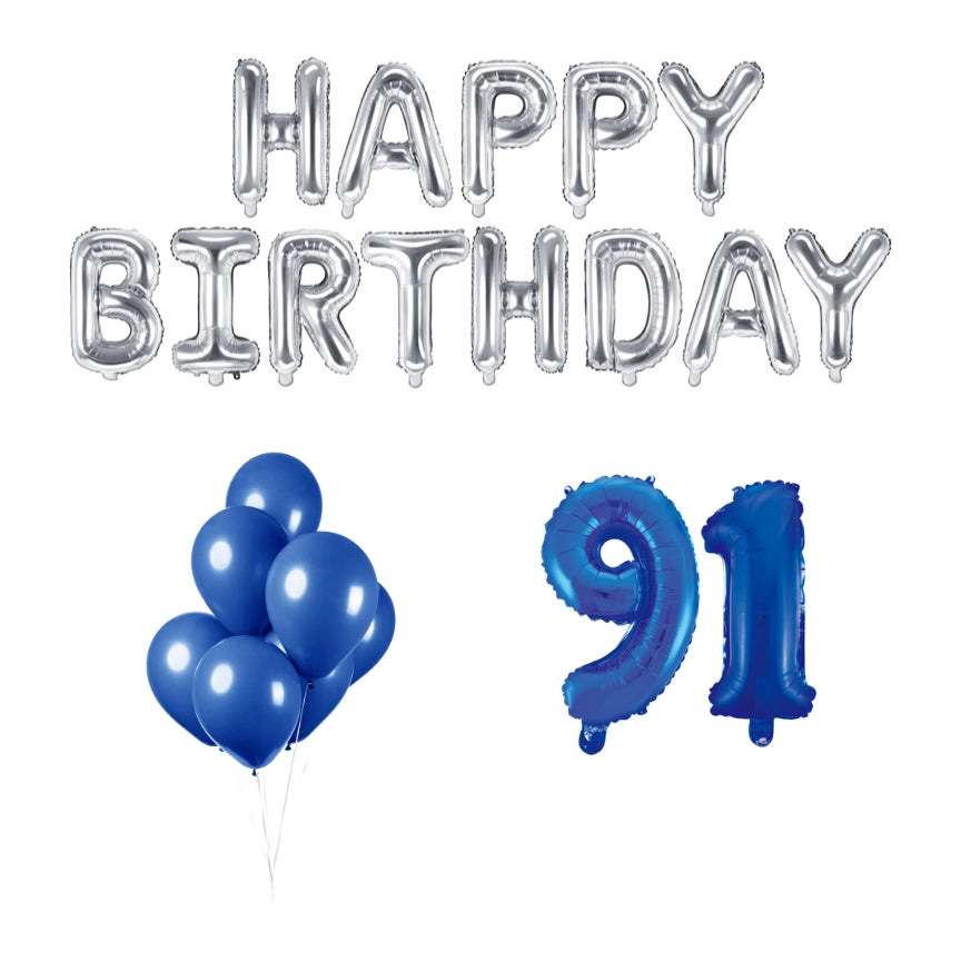 91 jaar Verjaardag Versiering Ballon Pakket Blauw & zilver