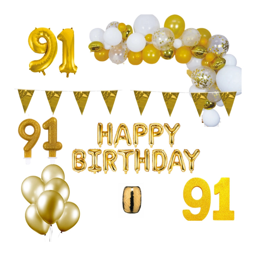 91 jaar Verjaardag Versiering Pakket Goud XL