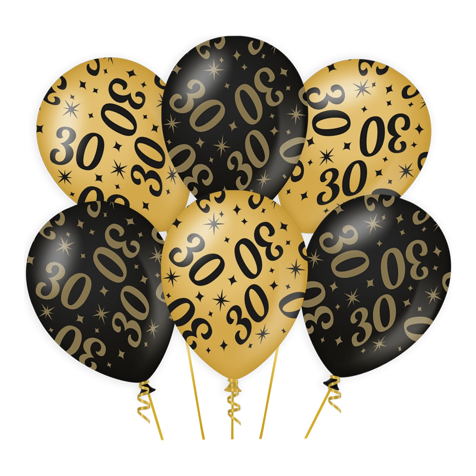Ballonnen 30 jaar Goud Zwart 6 stuks 30cm
