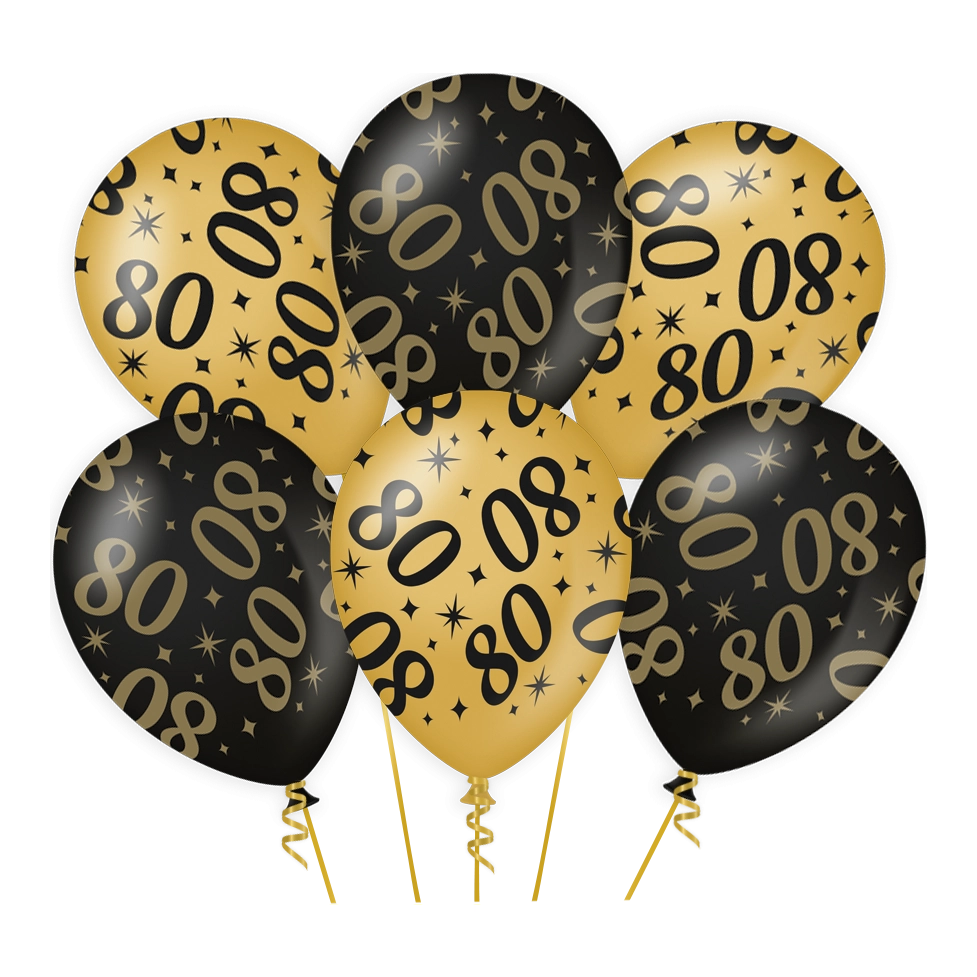 Ballonnen 80 jaar Goud Zwart 6 stuks 30cm