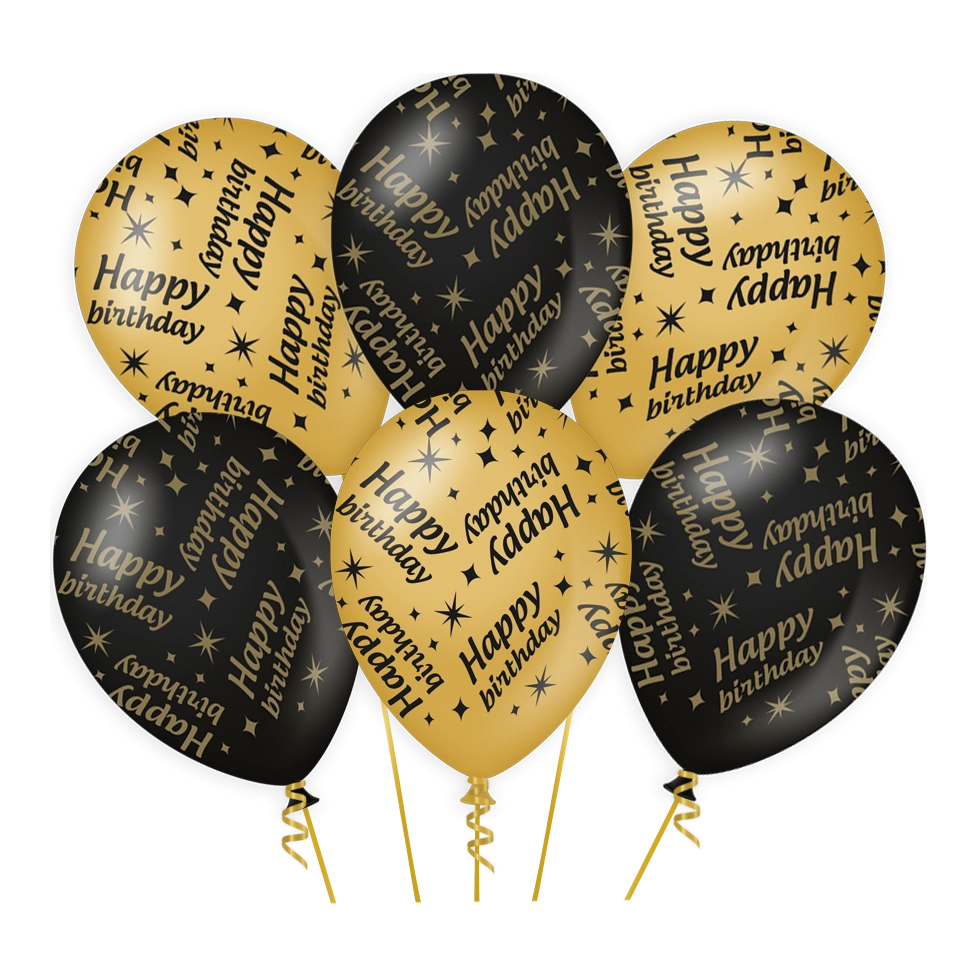 Ballonnen Happy Birthday Goud Zwart 6 stuks 30cm