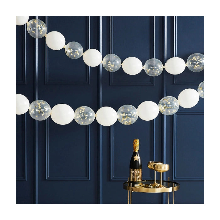 Ballonnenslinger wit en gouden confetti ca. 3 meter