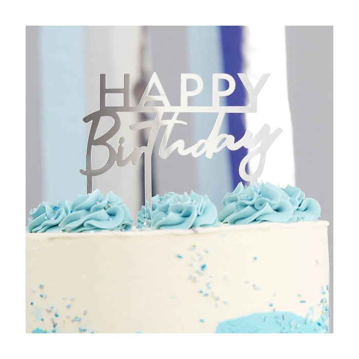 Caketopper Happy Birthday zilver 12x10cm