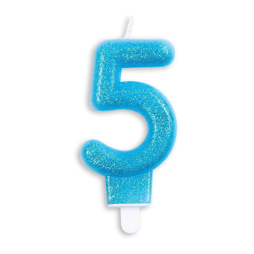 Cijfer kaars glitter blauw nr. 5