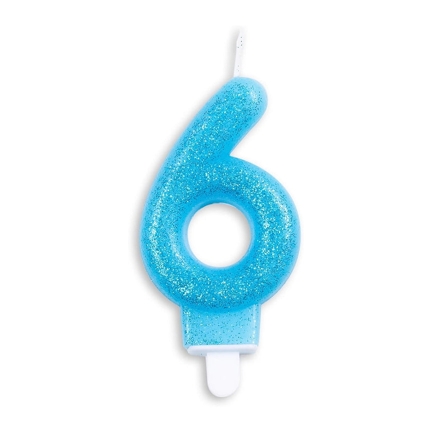 Cijfer kaars glitter blauw nr. 6