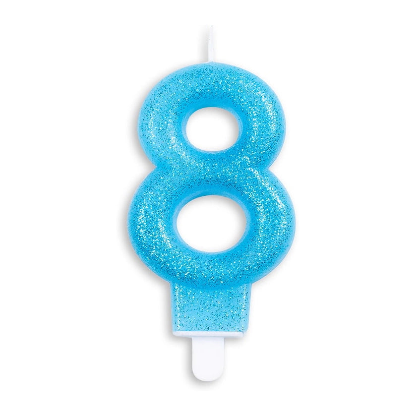 Cijfer kaars glitter blauw nr. 8