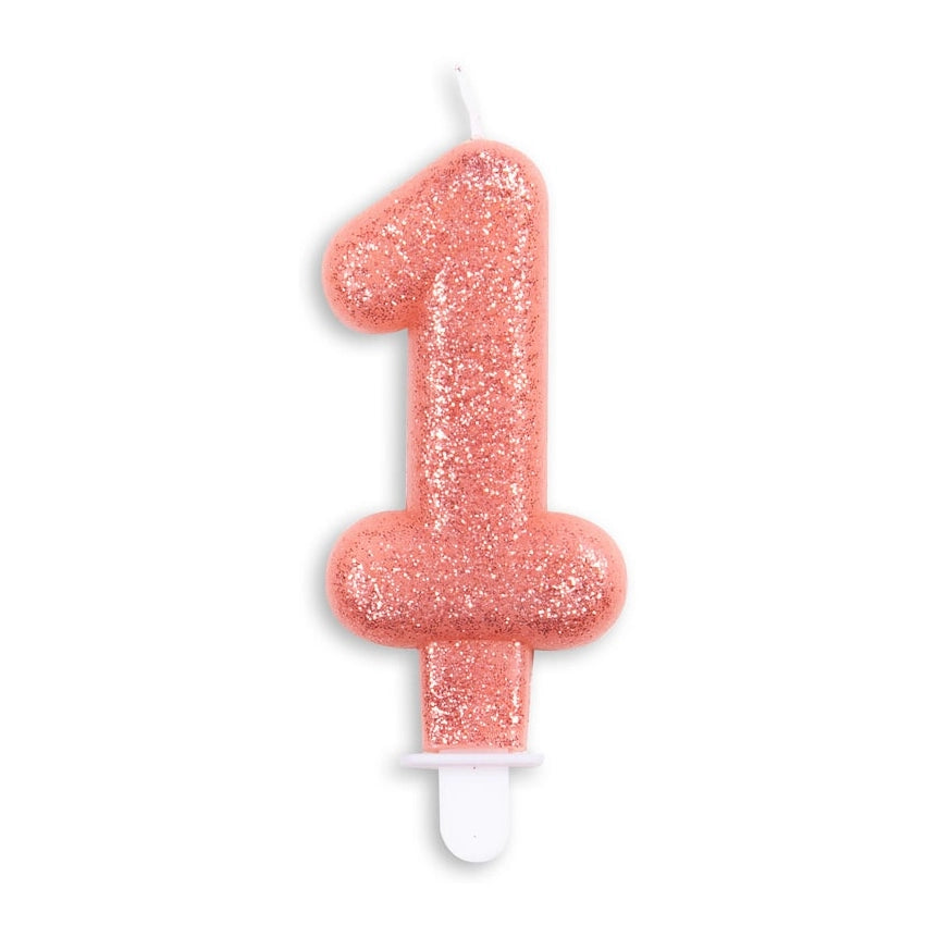 Cijfer kaars glitter rosé goud nr. 1
