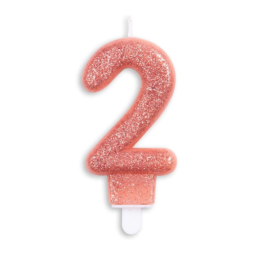 Cijfer kaars glitter rosé goud nr. 2