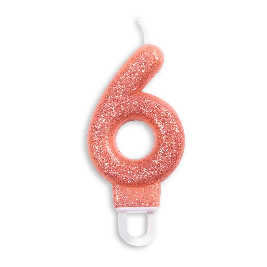 Cijfer kaars glitter rosé goud nr. 6