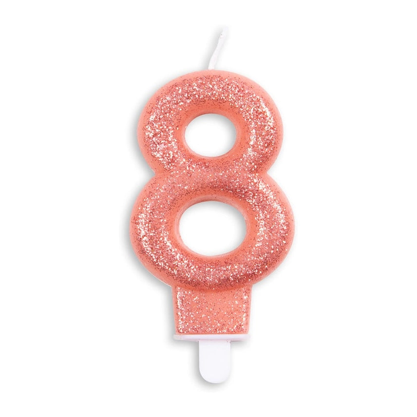 Cijfer kaars glitter rosé goud nr. 8