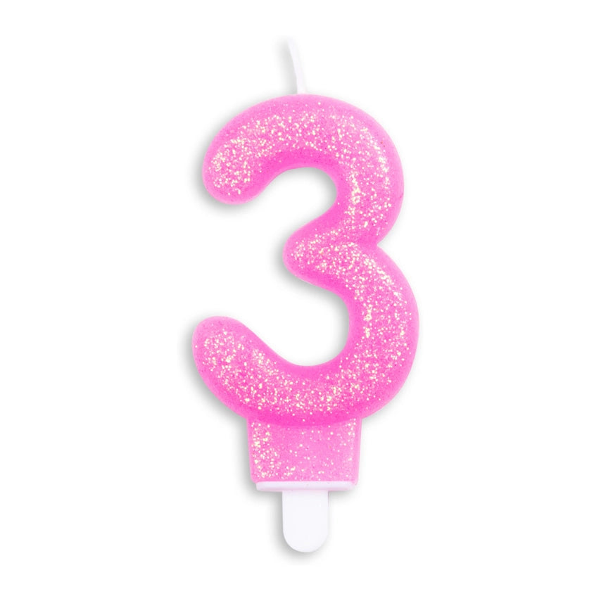 Cijfer kaars glitter roze nr. 3