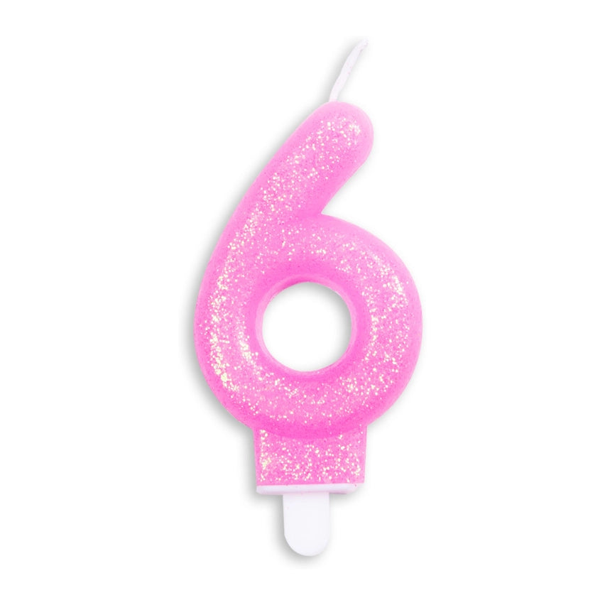 Cijfer kaars glitter roze nr. 6